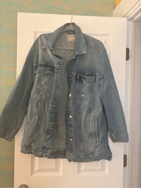 We The Free Washed Light Blue Oversized Distressed Denim Jacket